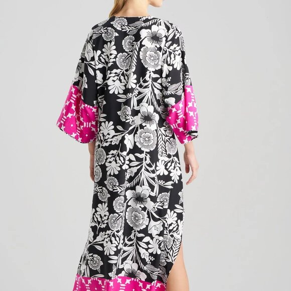 Natori Botanica Floral Caftan Fuchsia Black Luxury Pockets $195 Women's Sz S B17 - Picture 2 of 13